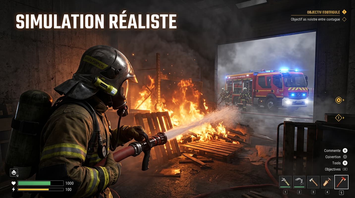 Un ordinateur portable avec un navigateur affichant un jeu d'arcade de pompier, avec un bouton 'JOUER', et un texte 'JEUX EN LIGNE' en superposition.