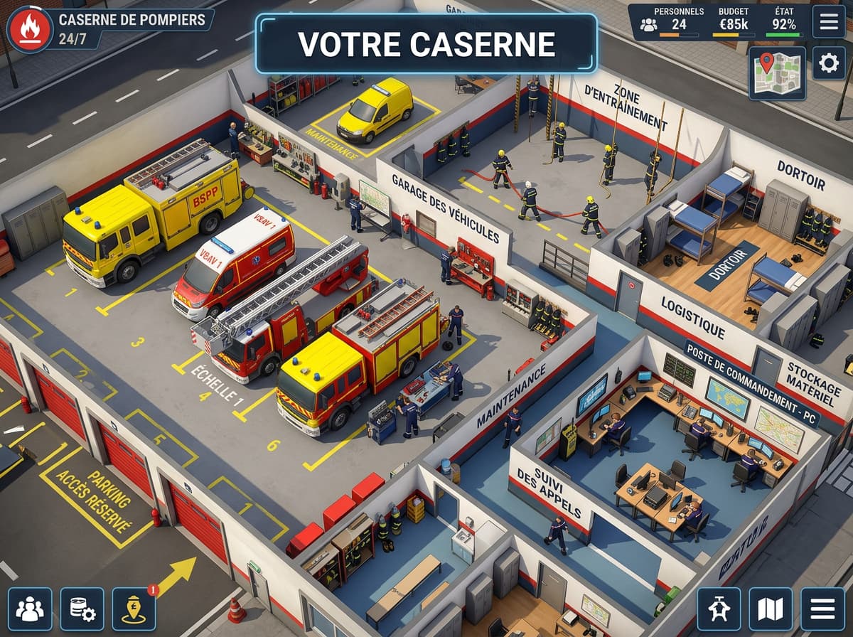Main tenant un smartphone dont l'écran affiche un jeu de pompier avec les boutons MISSIONS et MAGASIN, dans un salon doux avec un flou d'arrière-plan.