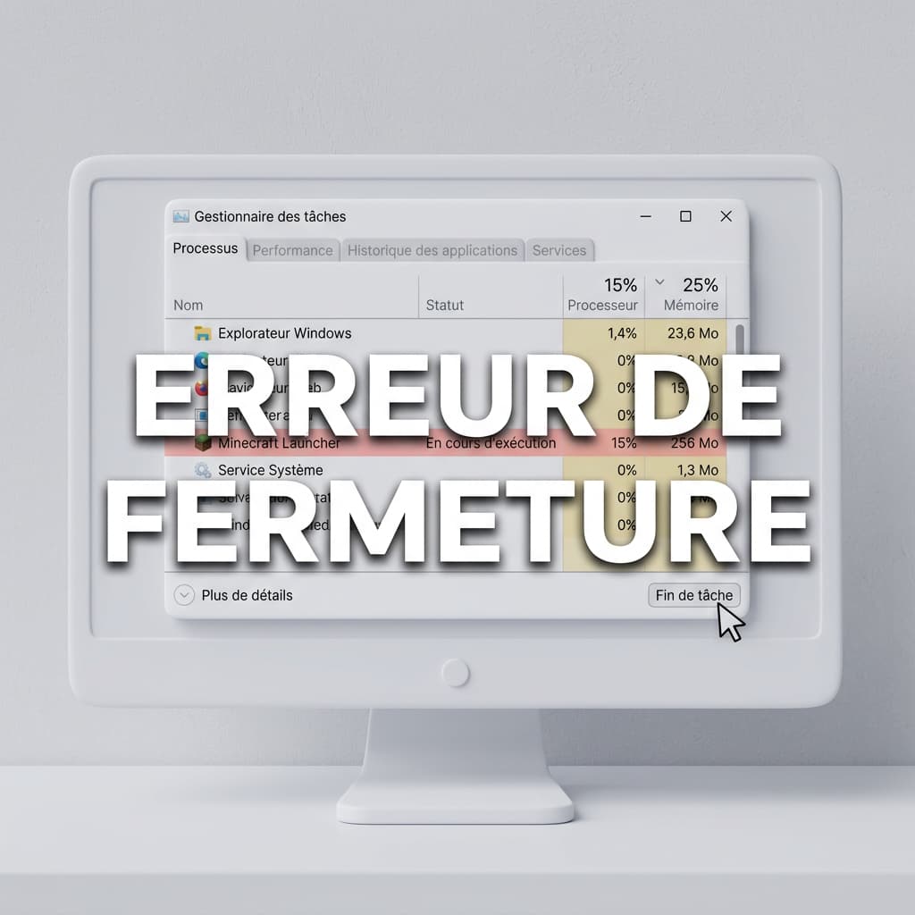 Un écran d'ordinateur affiche le Gestionnaire des tâches avec l'entrée 'Minecraft Launcher' surlignée en rouge, un curseur survole le bouton 'Fin de tâche', et un texte superposé 'ERREUR DE FERMETURE'.