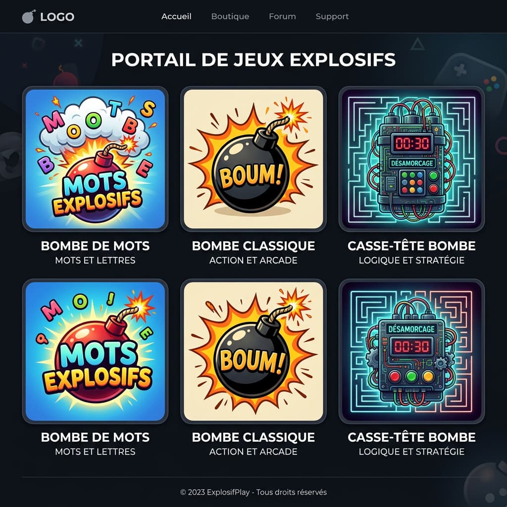 Interface de portail de jeux vidéo montrant une grille d'icônes stylisées représentant des bombes de lettres et des puzzles de logique avec titres en français.