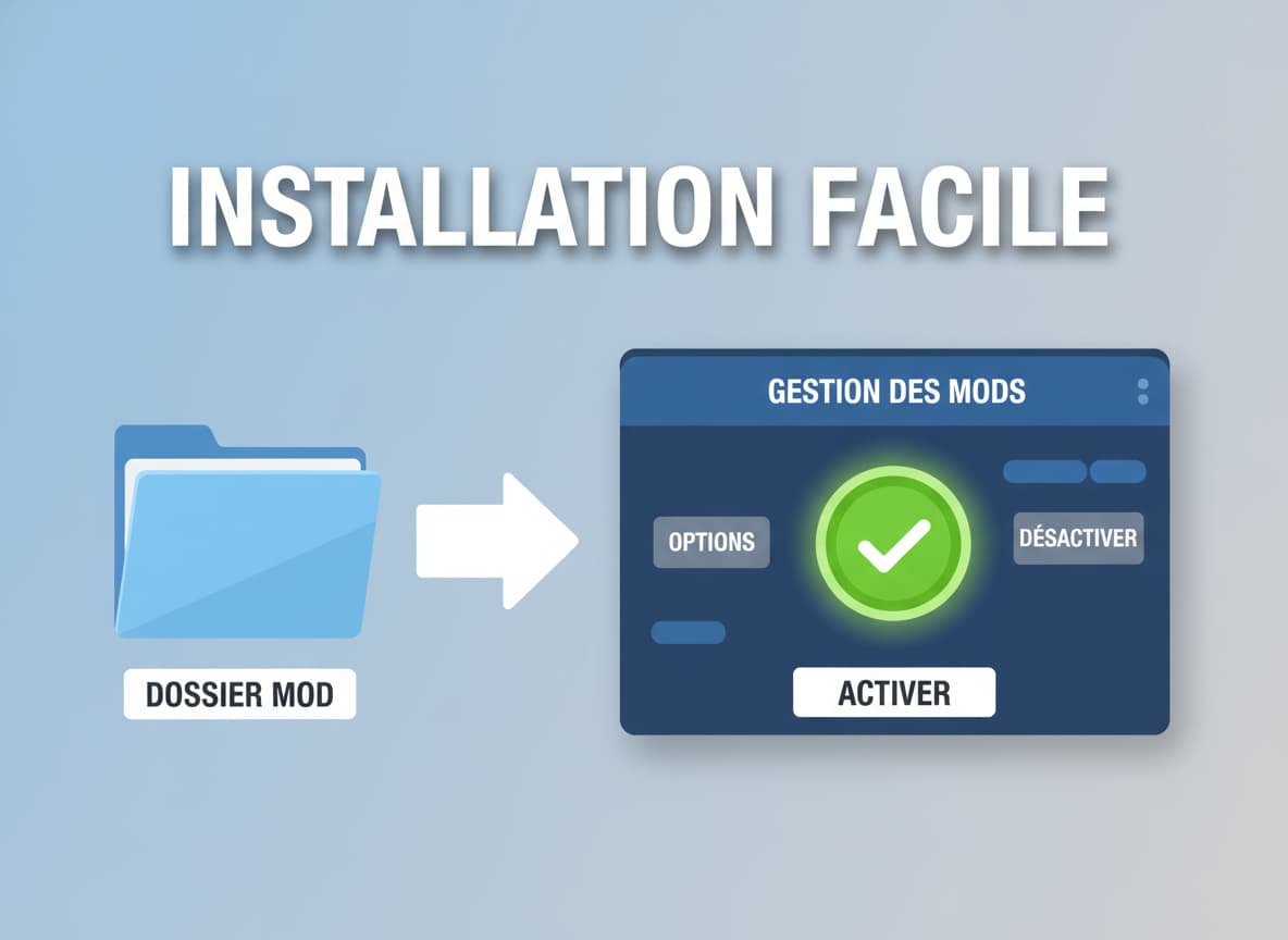 Infographie montrant un dossier mod sur la gauche, une flèche vers une interface de jeu avec un bouton vert Activer, et le texte Installation facile avec ombre portée.