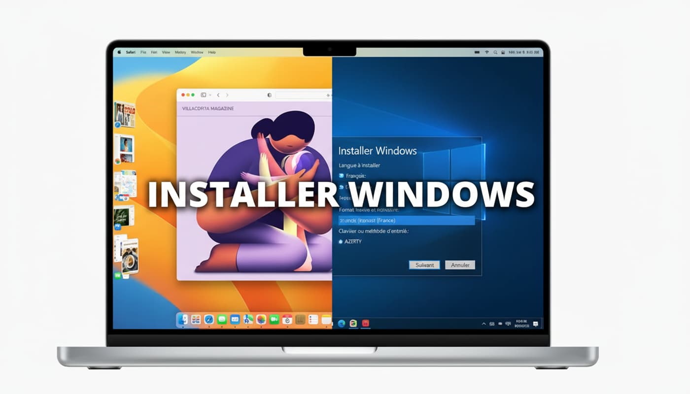 Un MacBook à écran scindé illustrant la transition du bureau macOS vers le programme d'installation de Windows 10 avec le texte Installer Windows.