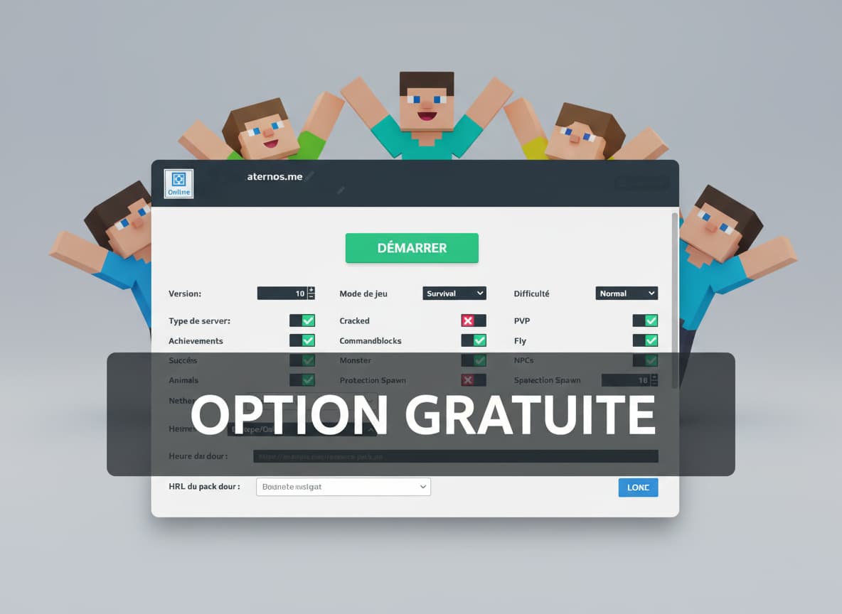 Interface de gestion de serveur Minecraft bleue et blanche avec un gros bouton vert Démarrer et un bandeau textuel Option Gratuite.
