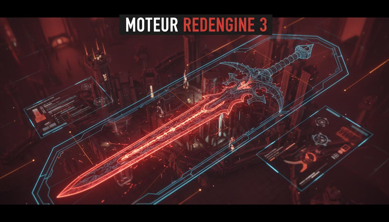 Interface de moteur de jeu affichant une épée médiévale fantastique en rendu 3D avec des filaires holographiques rouges et le texte Moteur RedEngine 3.