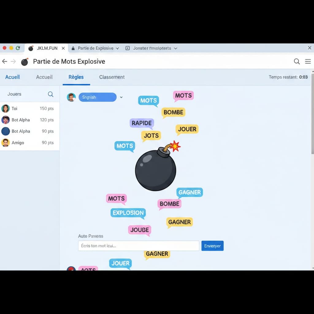 Interface de navigateur affichant une partie multijoueur de Bomb Party avec une bombe à mèche et des bulles de chat contenant des mots français.