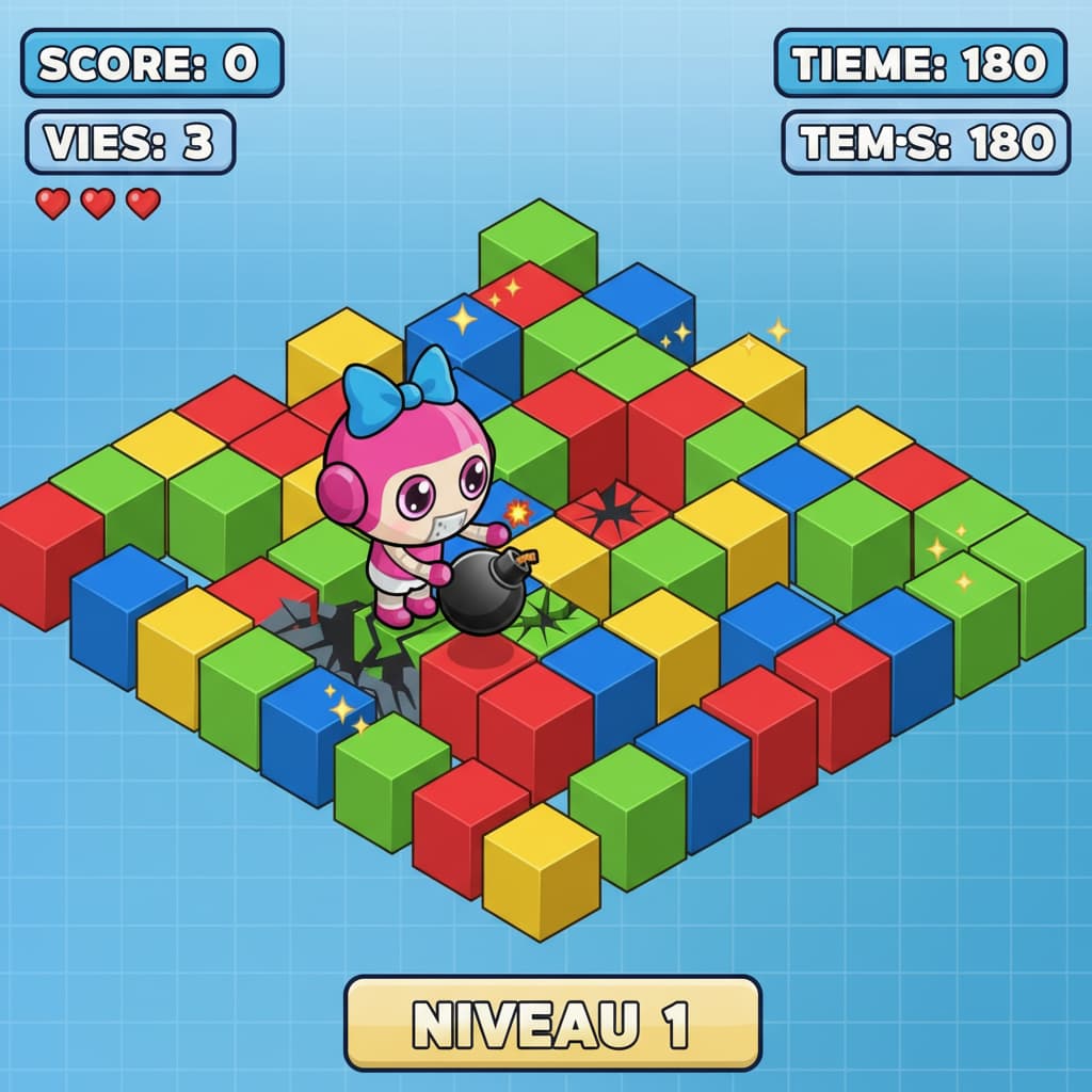 Un personnage mignon dépose une bombe ronde pour briser des blocs colorés dans un labyrinthe en vue isométrique au style vectoriel saturé.