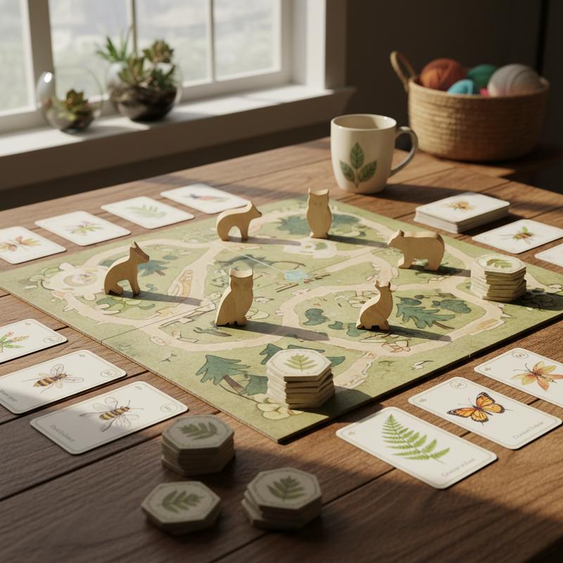 Deux mains déplacent des pièces géométriques en bois lisse sur un plateau sombre lors d'une soirée de jeu conviviale dans un salon chaleureux.