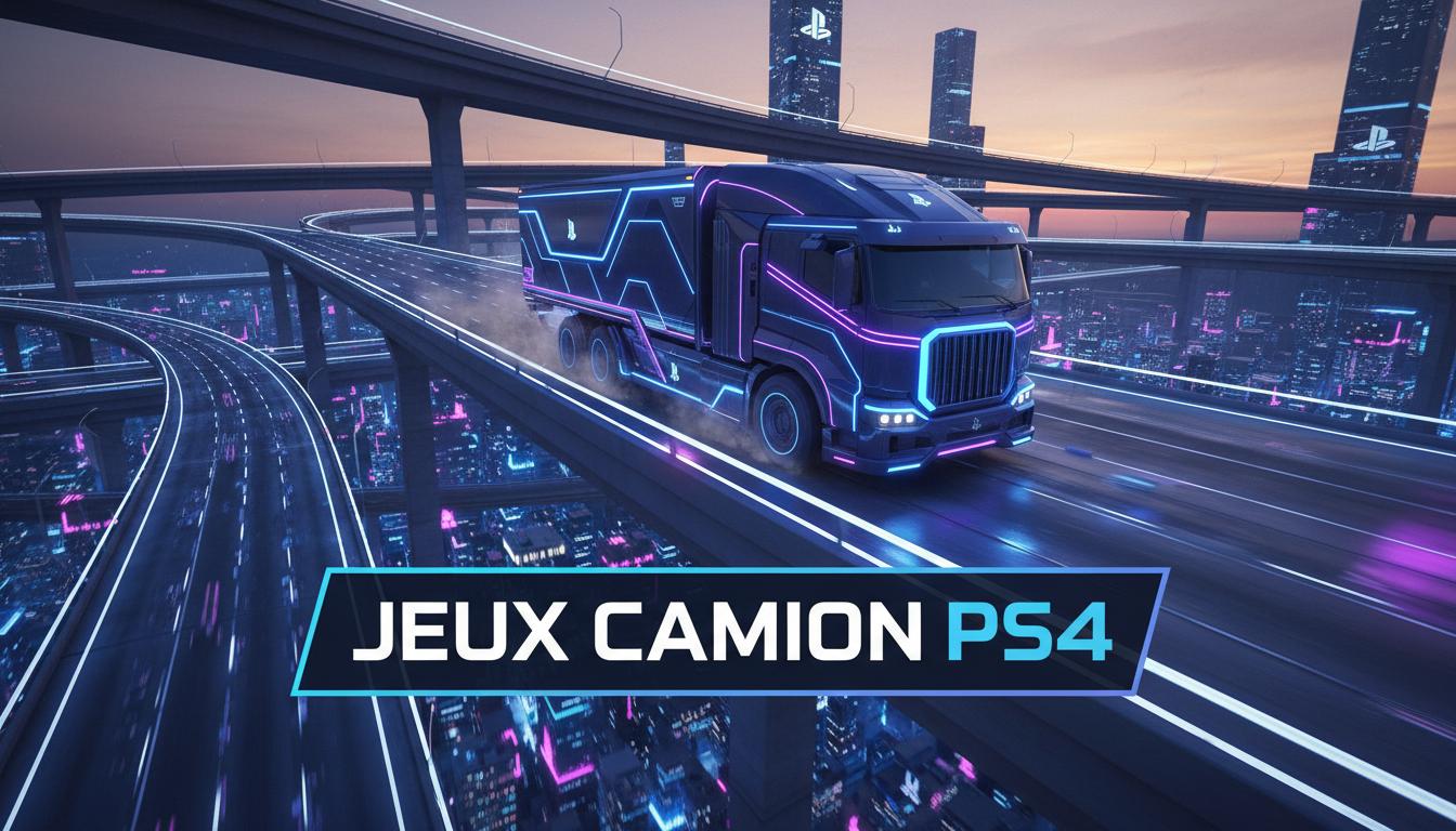 Un camion de transport moderne circule sur une autoroute nocturne aux néons bleus avec le texte JEUX CAMION PS4 en superposition.