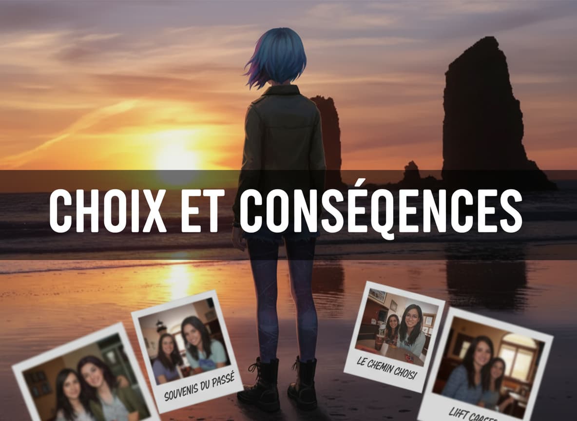 Une adolescente contemple le coucher du soleil sur une baie côtière de l'Oregon entourée de photos Polaroid en lévitation sous le texte Choix et Conséquences.