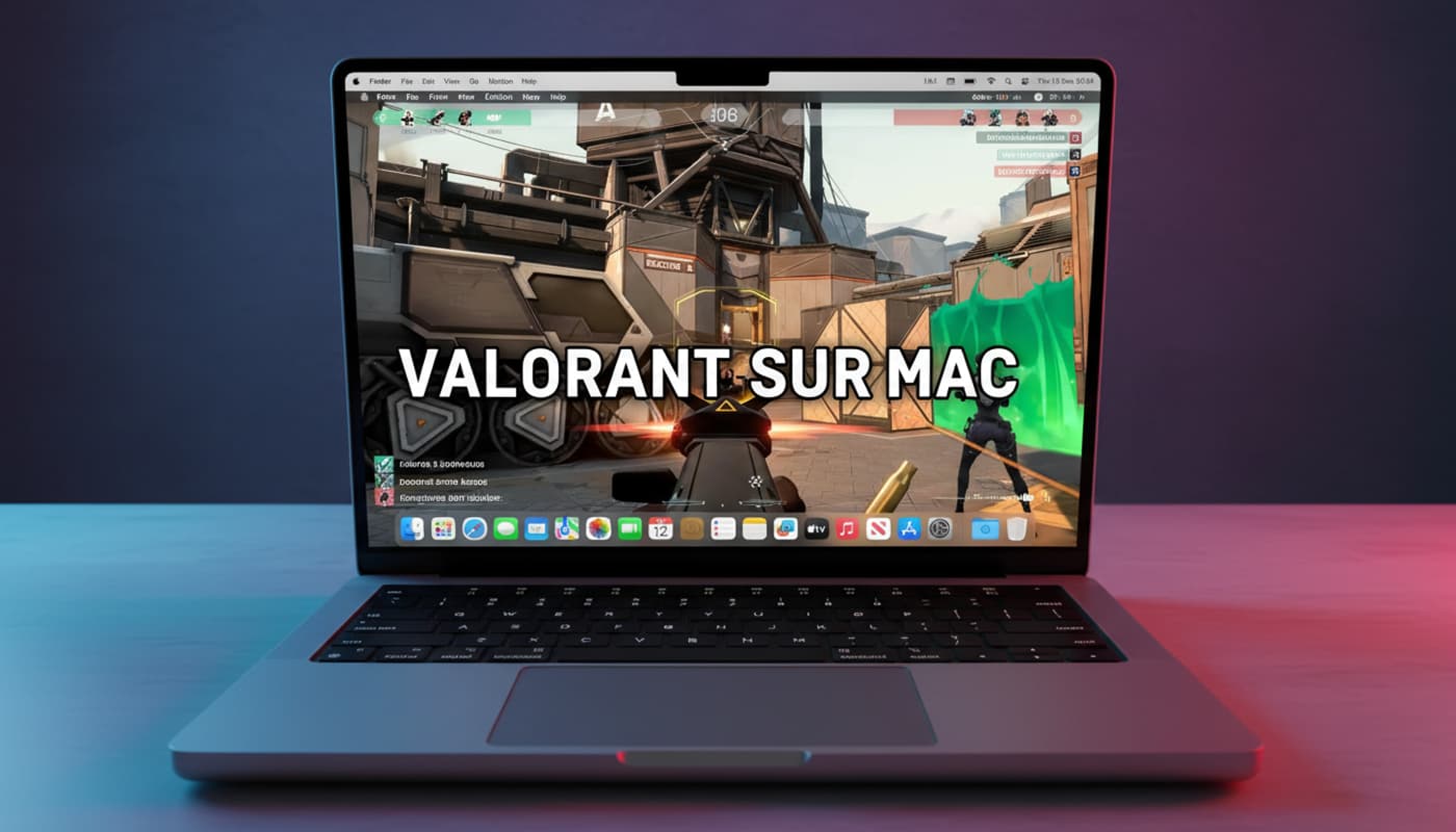 Un MacBook Pro sur un bureau moderne affiche une scène de jeu Valorant nette et colorée sous un éclairage néon avec le texte en surimpression Valorant sur Mac.
