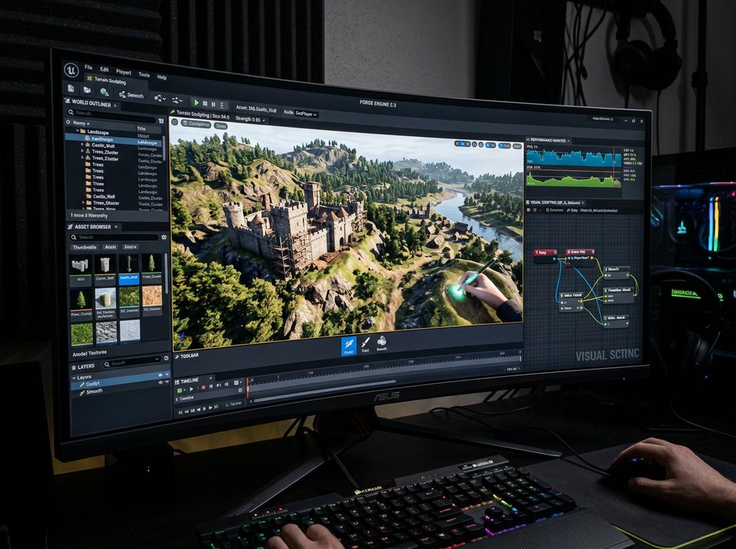 Moniteur dans un studio sombre affiche l'interface d'un logiciel de création 3D sculptant un décor médiéval avec fenêtres de programmation nodale détaillées.
