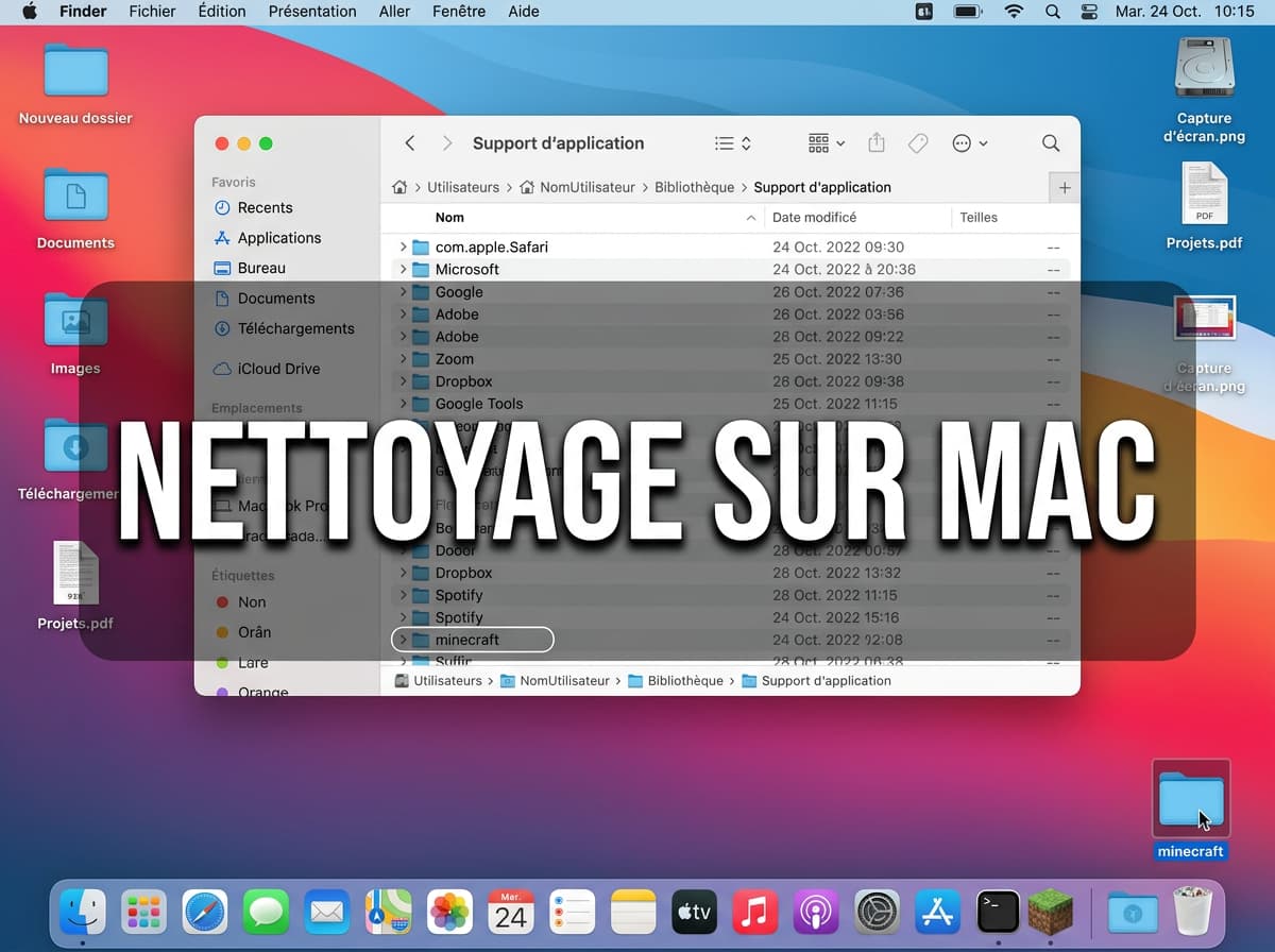 Bureau macOS avec fenêtre du Finder ouverte affichant le dossier 'Support d'application' et le dossier 'minecraft' en cours de glissement vers la corbeille dans le Dock, sur fond semi-transparent avec le texte 'NETTOYAGE SUR MAC'.