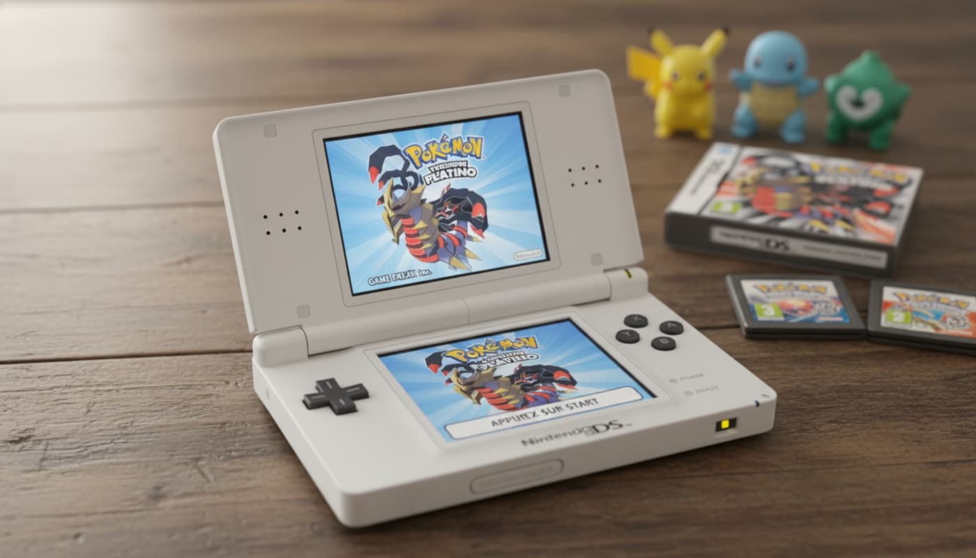 Console Nintendo DS Lite argentée sur un bureau en bois, affichant l'écran titre de Pokémon Platine avec la silhouette de Giratina, lumière tamisée, figurines Pokémon et cartouche de jeu floues en arrière-plan.