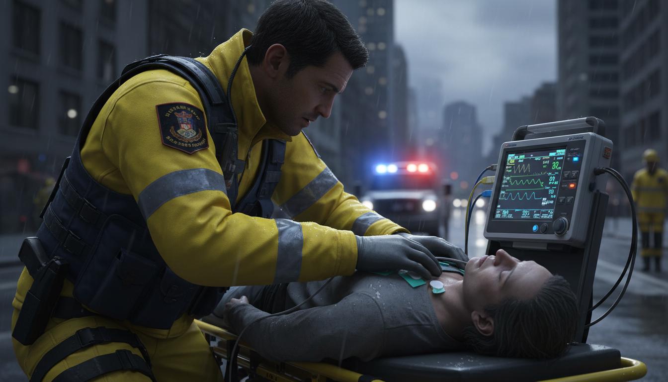 Secouriste en tenue haute visibilité vérifie les constantes vitales d'un patient sur un brancard avec un moniteur défibrillateur lumineux dans une rue.