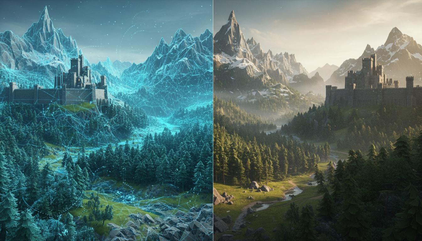 Vaste paysage de fantasy aux montagnes et château transitionnant d'un maillage filaire 3D lumineux vers un environnement naturel photoréaliste.