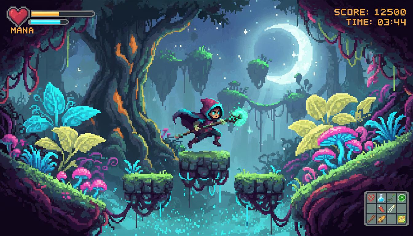 Un personnage en pixel art détaillé explore une forêt enchantée aux plantes néon fluorescentes dans une capture de jeu de plateforme indépendant en 2D.