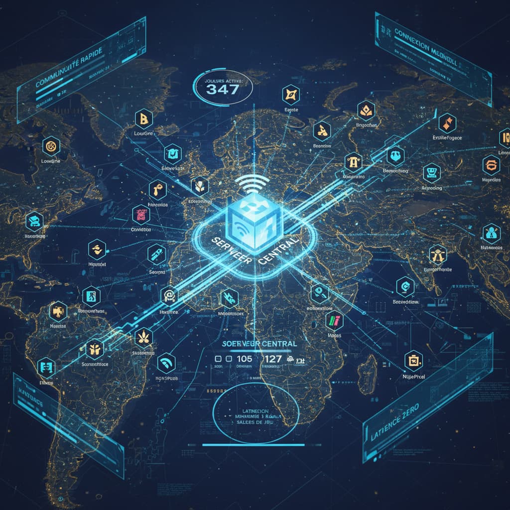 Des avatars et pseudos de joueurs reliés par des lignes lumineuses à un serveur central sur une carte numérique aux nuances bleu et or.