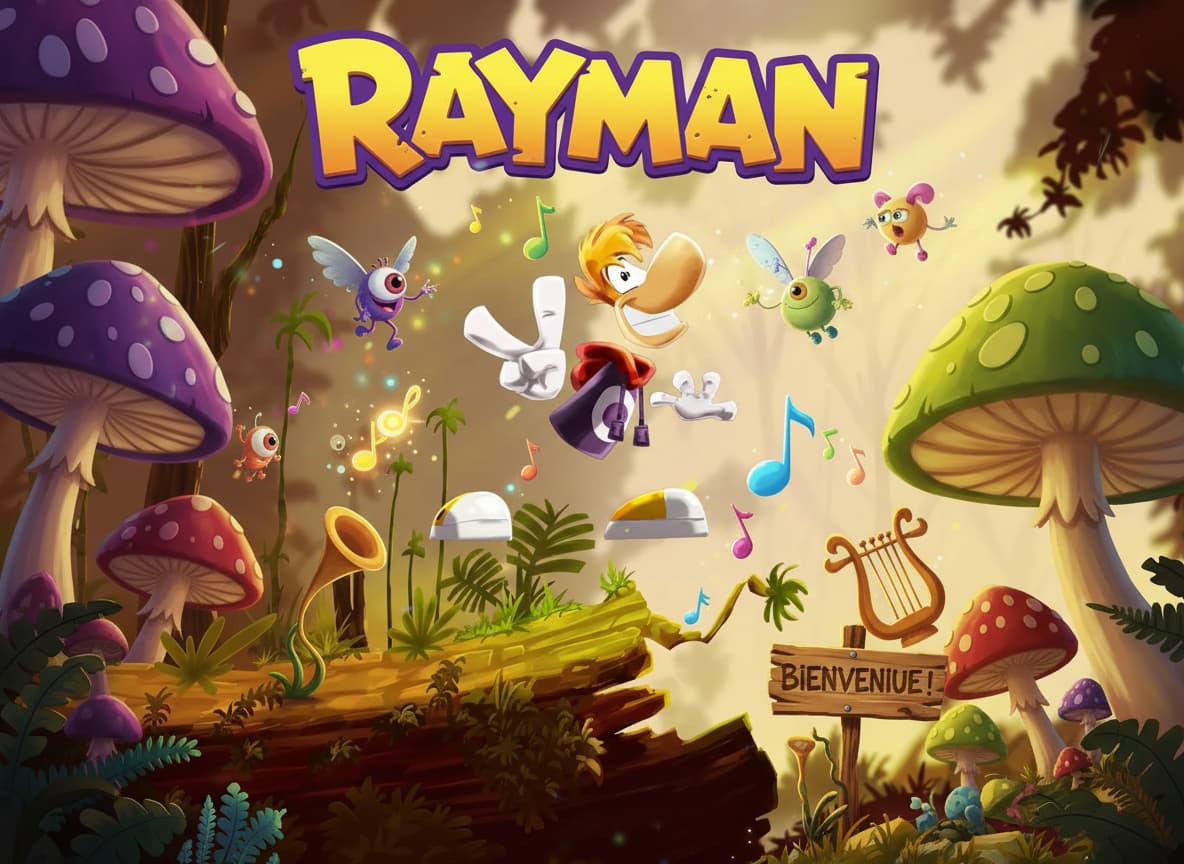 Rayman bondit joyeusement au-dessus de champignons géants et de plantes musicales dans la Forêt des Songes au style artistique de bande dessinée.