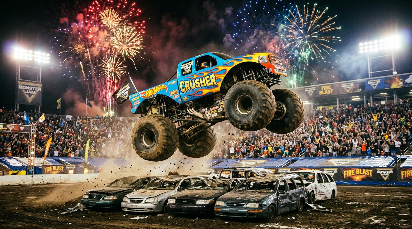 Un monster truck massif survole des voitures broyées lors d'un saut spectaculaire dans une arène de terre battue sous des projecteurs et des feux d'artifice.