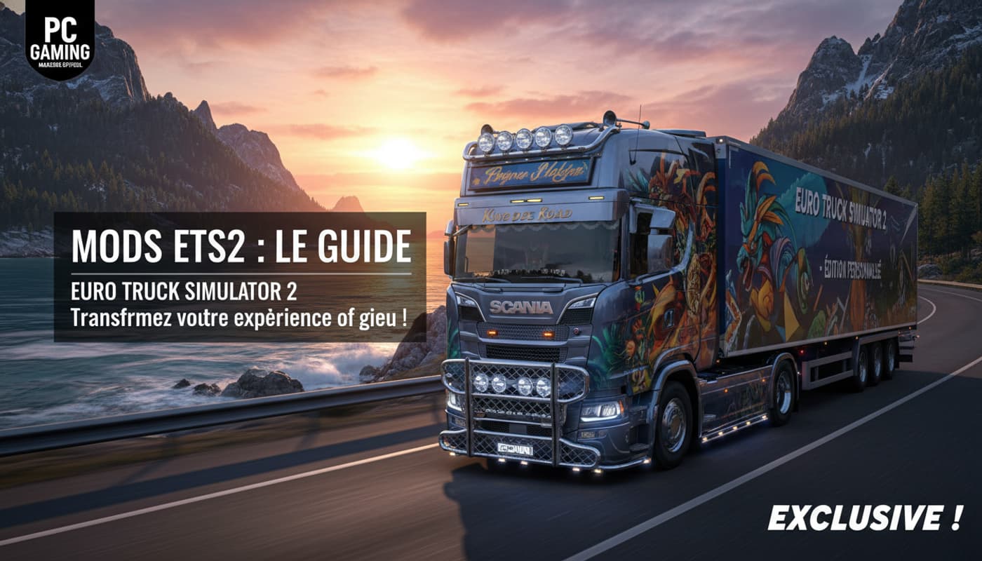 Un camion Scania hautement personnalisé avec des chromes brillants et une peinture artistique, roulant sur une route côtière sinueuse au coucher du soleil, montagnes et mer hyper-réalistes à l'arrière, avec le texte 'MODS ETS2 : LE GUIDE' superposé au centre.