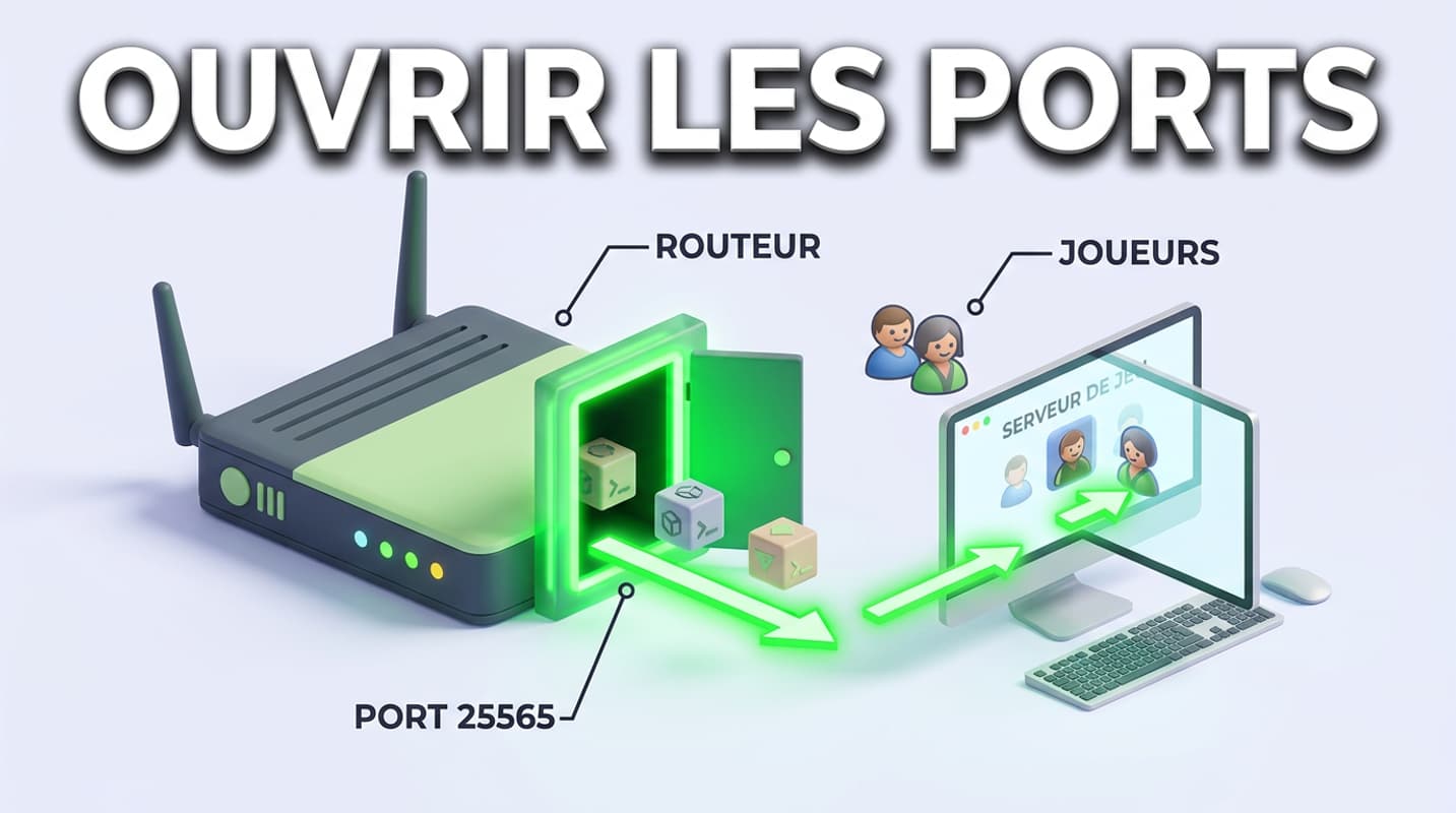 Schéma 3D montrant un routeur avec une porte verte laissant passer des blocs de données vers un ordinateur, avec annotations Routeur, Joueurs et Port 25565.