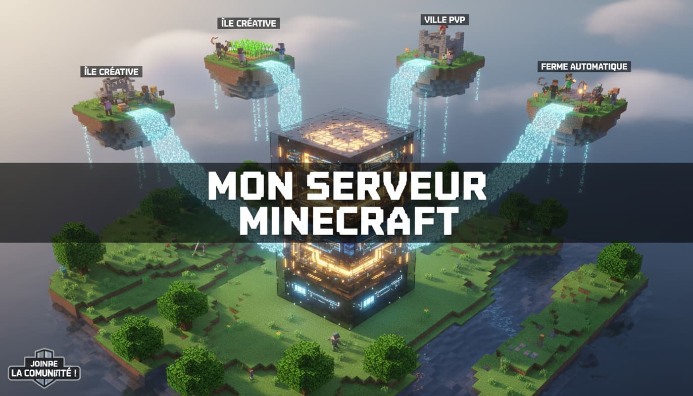 Serveur cubique lumineux en vue plongeante dans un paysage voxel luxuriant avec des avatars sur des îles flottantes et le texte Mon Serveur Minecraft.