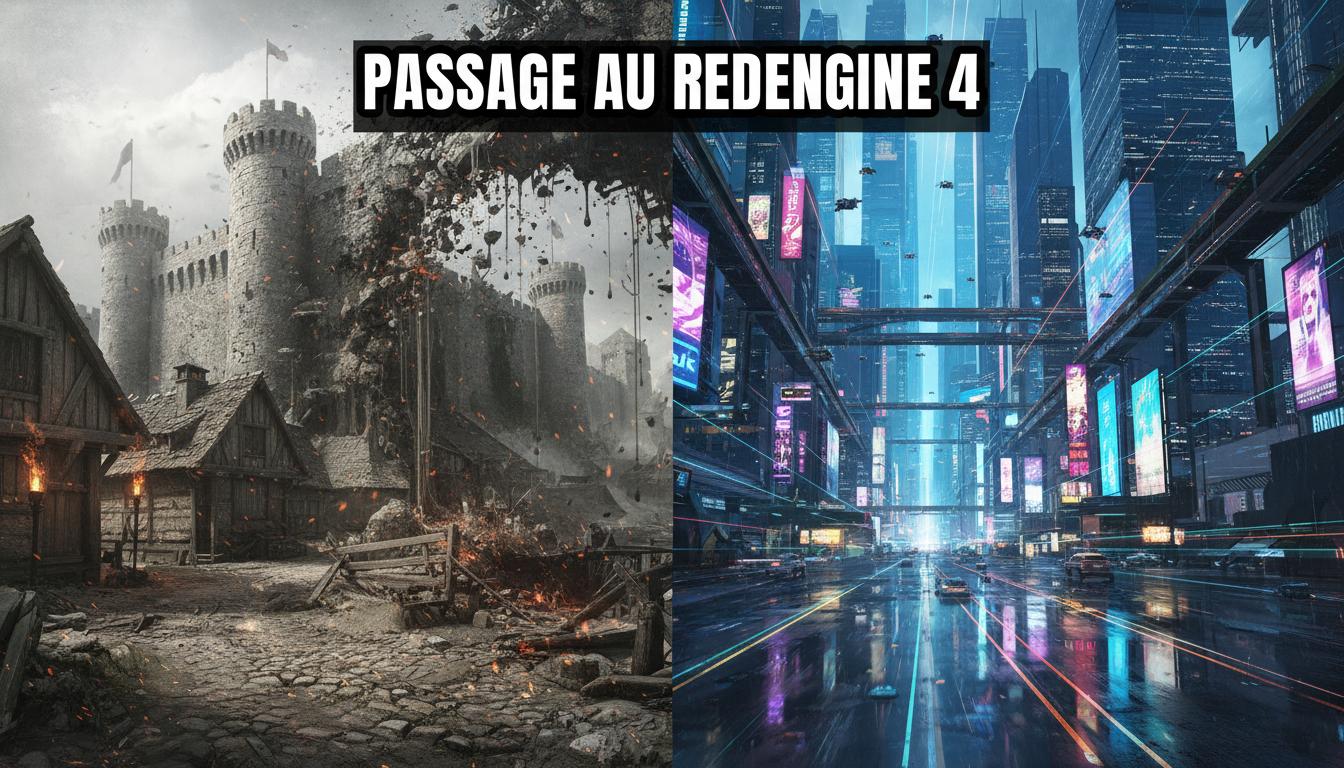 Un décor médiéval sombre se transforme en une métropole cyberpunk futuriste aux néons colorés avec le texte Passage au REDengine 4 en superposition.