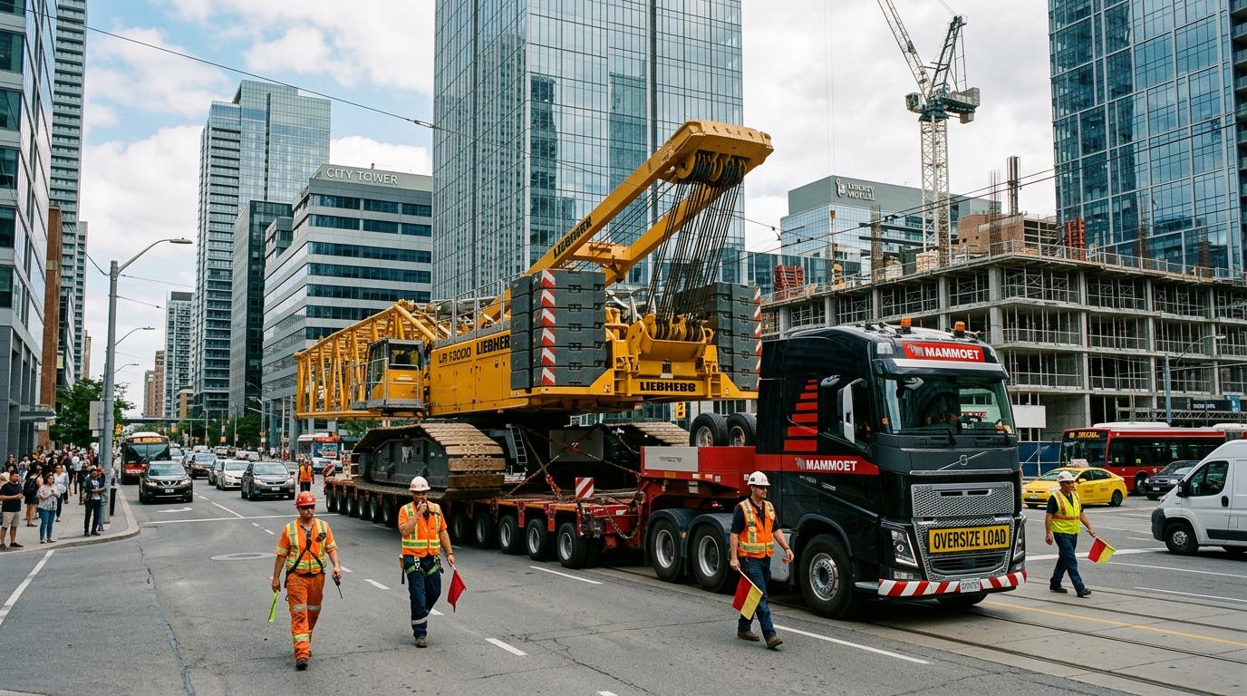 Un imposant camion-plateau transporte une grue industrielle dans une rue urbaine moderne, escorté par des ouvriers de chantier en gilets haute visibilité.