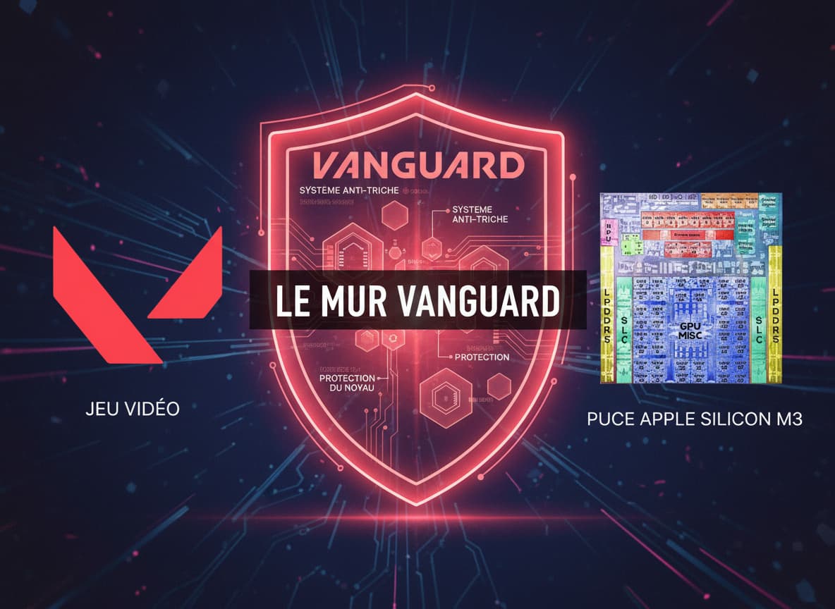 Le logo de Valorant et une puce Apple Silicon M3 s'opposent de part et d'autre d'un bouclier numérique rouge brillant marqué du texte LE MUR VANGUARD.