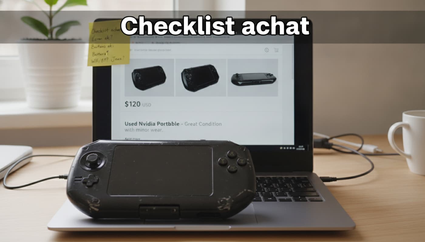 Un ordinateur portable affiche une annonce pour une Nvidia Shield Portable d'occasion avec un prix, à côté se trouve une Shield réelle avec des signes d'usure, un post-it énumérant une checklist est collé sur l'écran, le tout dans un bureau lumineux.