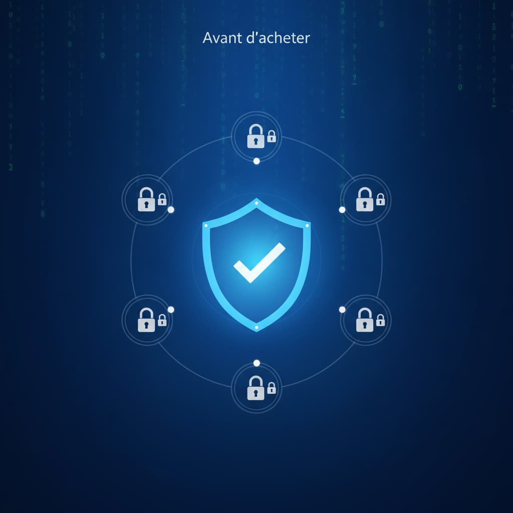 Bouclier lumineux avec coche au centre entouré de cinq points numérotés avec icônes de cadenas sur fond bleu foncé avec effet de pluie de code, titre 'Avant d'acheter' en haut.