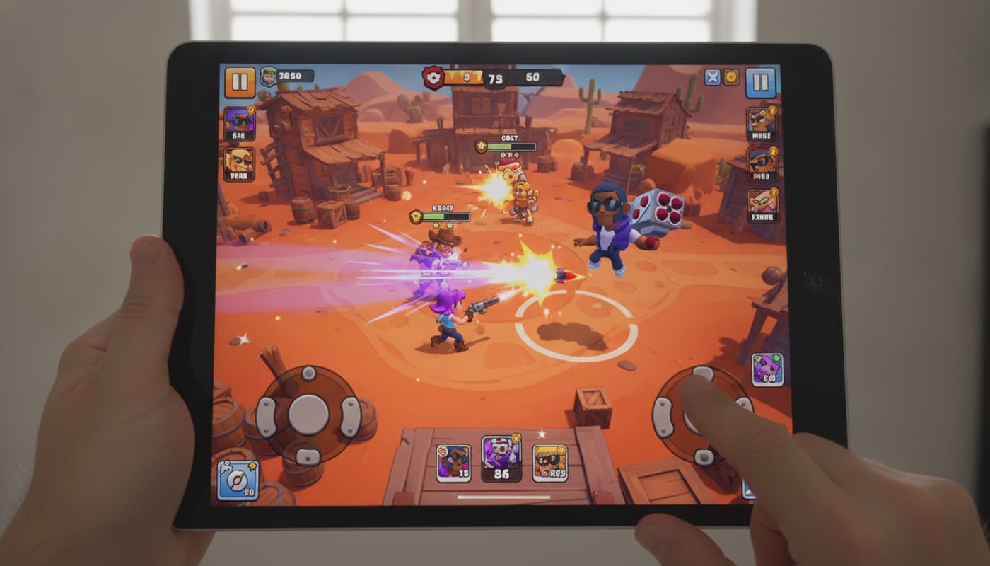Un iPad vu de la perspective d'un joueur, avec les pouces sur l'écran, affichant un combat en arène de Brawl Stars où les personnages Shelly, Colt et Brock se battent dans un décor western coloré.