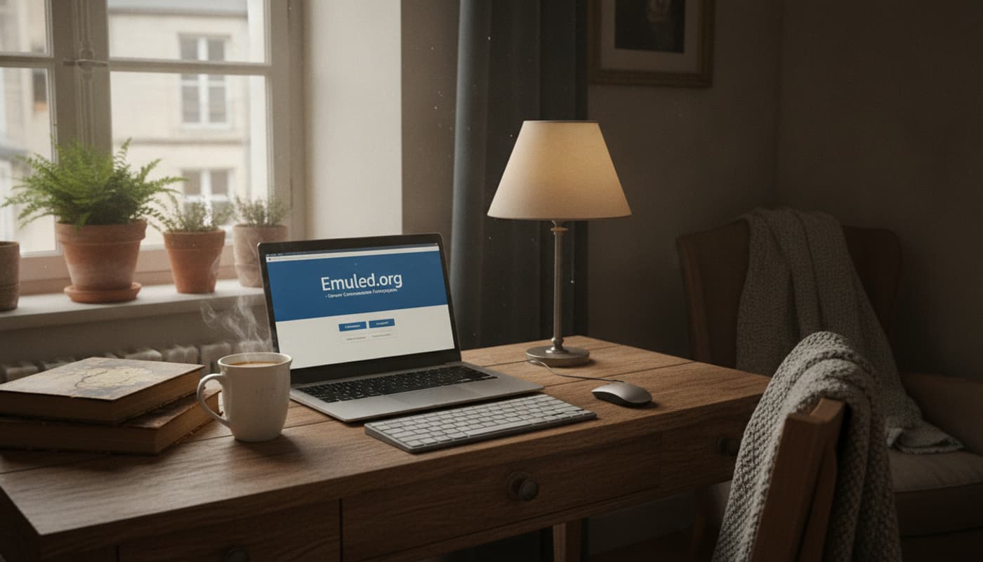 Un bureau d'appartement européen avec une tasse de café, des livres et un ordinateur portable affichant l'interface d'accueil du serveur Emuled.org en français, baigné d'une lumière ambiante chaude.