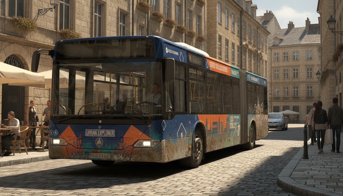 Un bus articulé urbain à la peinture personnalisée circule dans une rue européenne étroite, avec de la saleté et de l'usure réalistes sur les panneaux inférieurs, sous un éclairage ensoleillé d'après-midi.