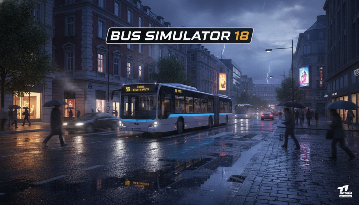 Un bus urbain moderne roule dans une rue animée d'une ville européenne au crépuscule, avec des reflets de néons sur l'asphalte mouillé et le texte 'Bus Simulator 18' en surimpression.