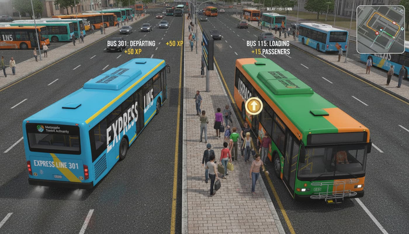 Deux bus urbains colorés sont stationnés dans un dépôt animé, l'un s'insérant dans la circulation tandis que l'autre accueille des passagers sur un quai.