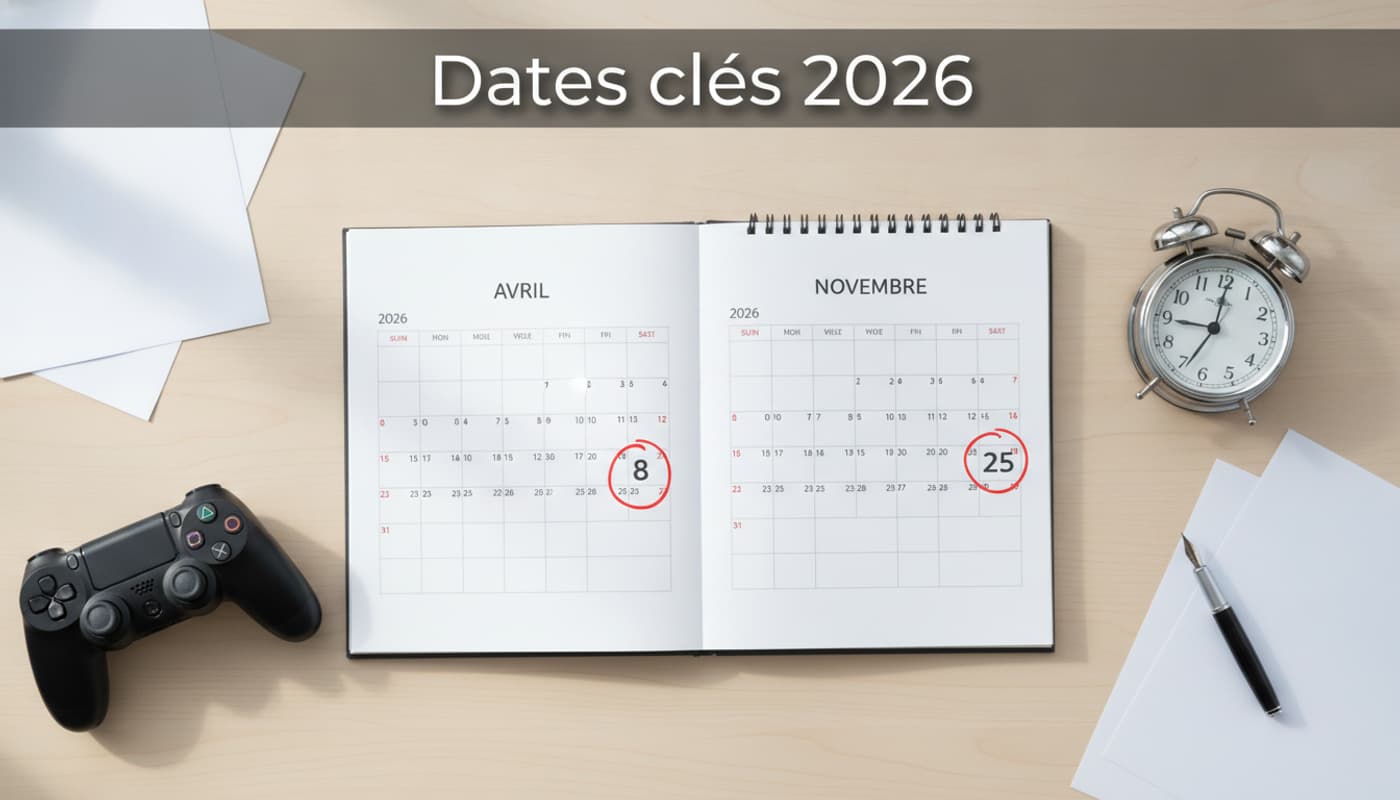 Un calendrier 2026 ouvert sur les mois d'avril et novembre avec des cercles rouges autour des 8 avril et 25 novembre, une manette de PS4 et une petite horloge posées à côté, en vue de dessus, un bandeau foncé portant le texte 'Dates clés 2026'.