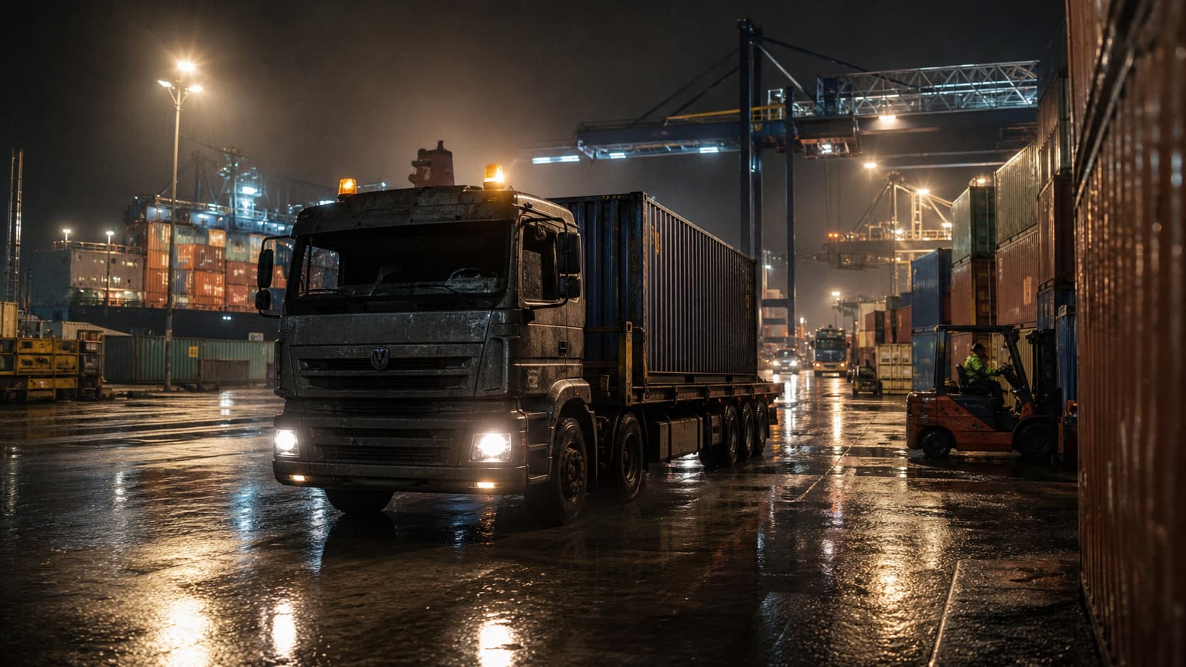 Un camion cargo robuste traverse un port industriel la nuit sous les lumières des docks, passant entre des conteneurs empilés, avec des reflets sur l