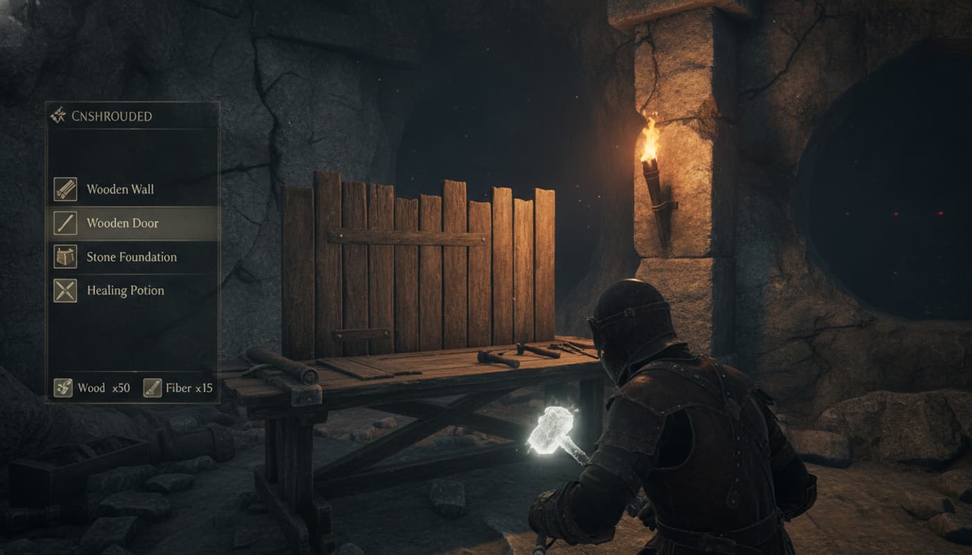 Vue à la première personne d'un personnage en armure de cuir fabriquant un mur en bois sur un établi dans une caverne faiblement éclairée par des torches, avec un menu d'artisanat visible à gauche et des textures de pierre.