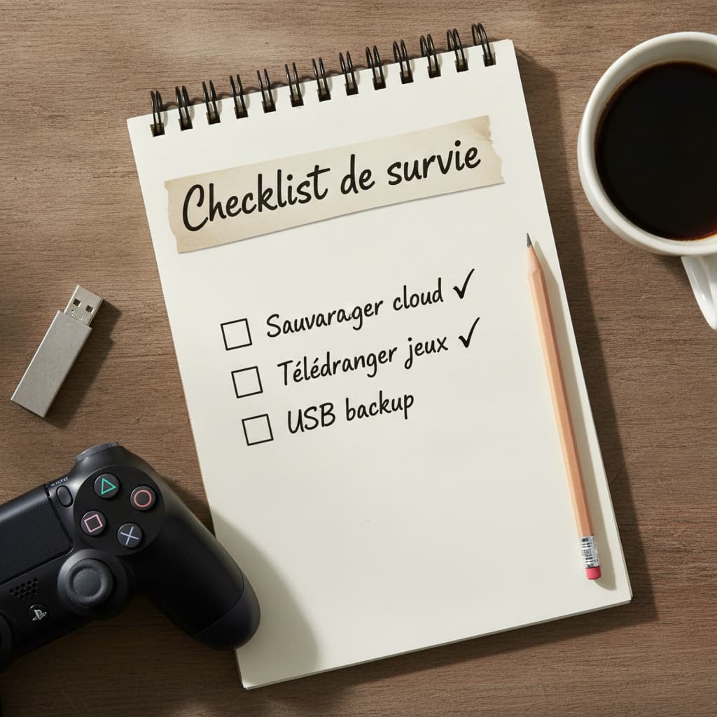 Vue de dessus d'un bloc-notes avec une liste manuscrite cochée, un crayon, une manette PS4, une clé USB et une tasse de café sur une table, éclairé par la lumière naturelle, avec le texte 'Checklist de survie' en haut.
