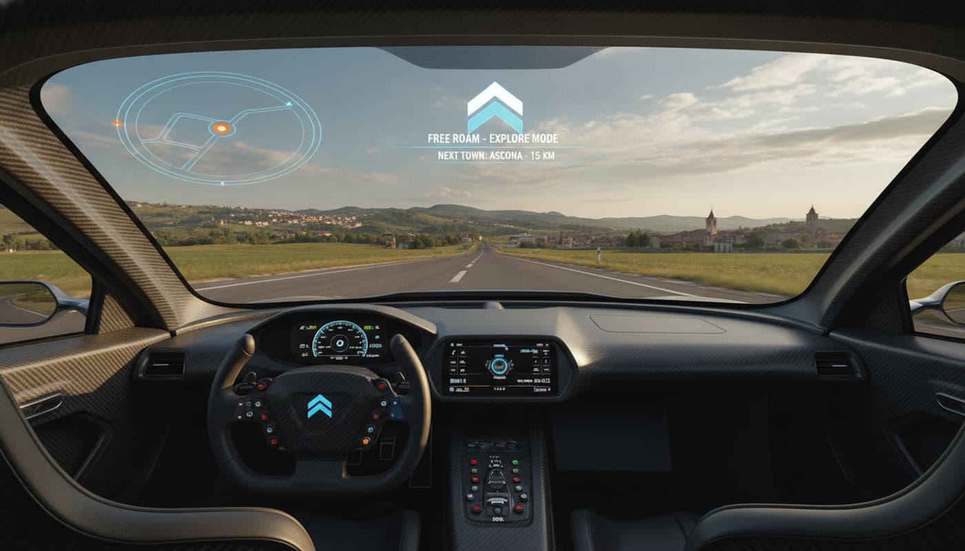 Vue subjective depuis l'intérieur d'un cockpit de voiture de course, avec un paysage ouvert de collines verdoyantes et de villes lointaines sous un ciel ensoleillé, et un affichage tête haute futuriste indiquant un itinéraire libre.