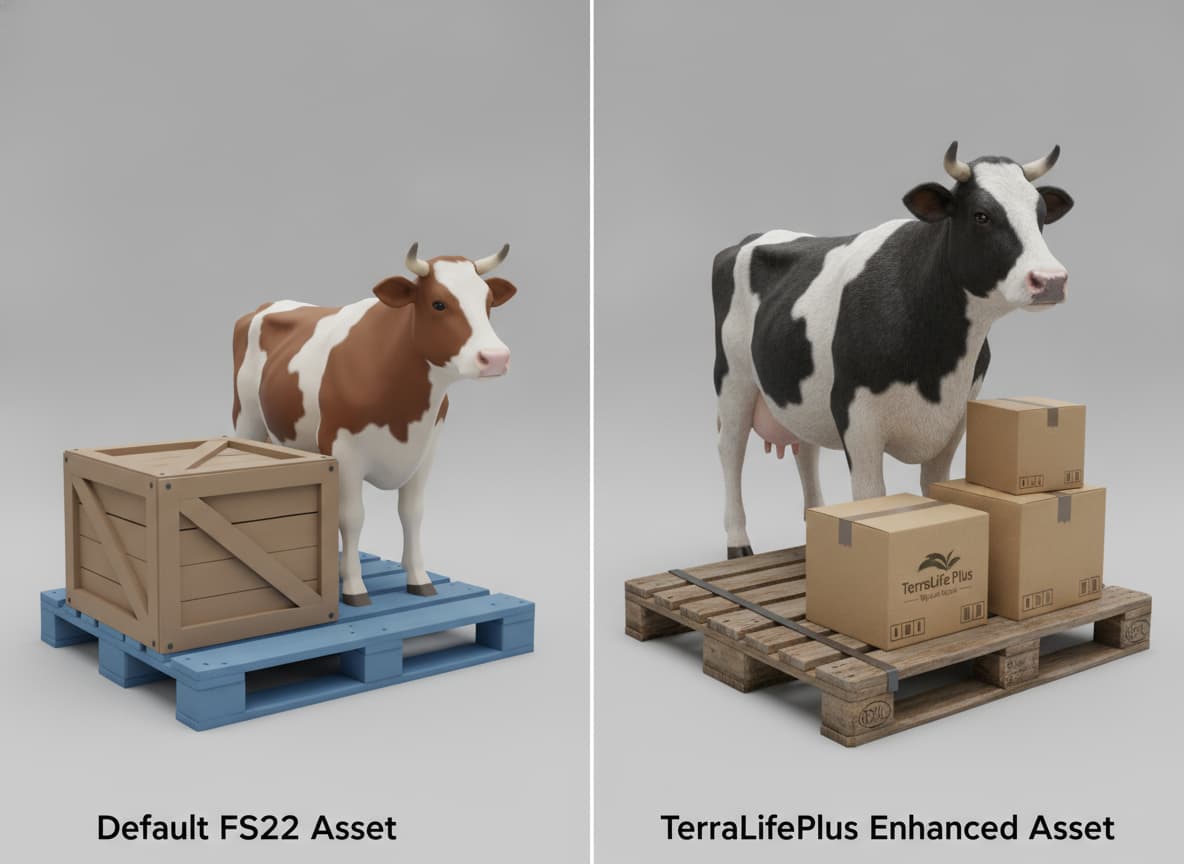 Vue côte à côte d'une caisse et d'une vache standards à gauche, et d'une palette et d'une vache très détaillées de TerraLifePlus à droite.