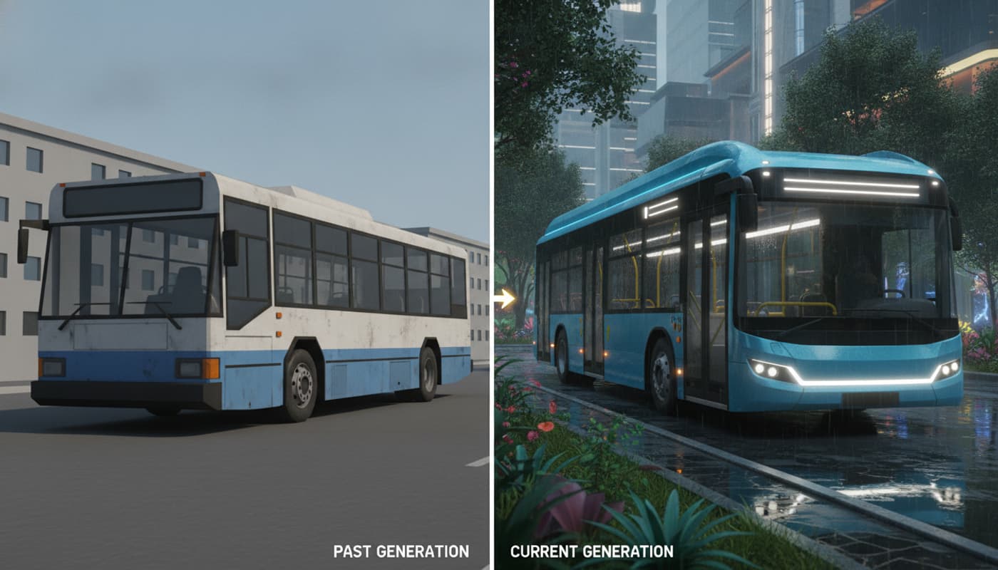 Une comparaison en écran partagé entre un ancien bus de ville peu détaillé à gauche et un bus électrique moderne très détaillé à droite dans un environnement réaliste.