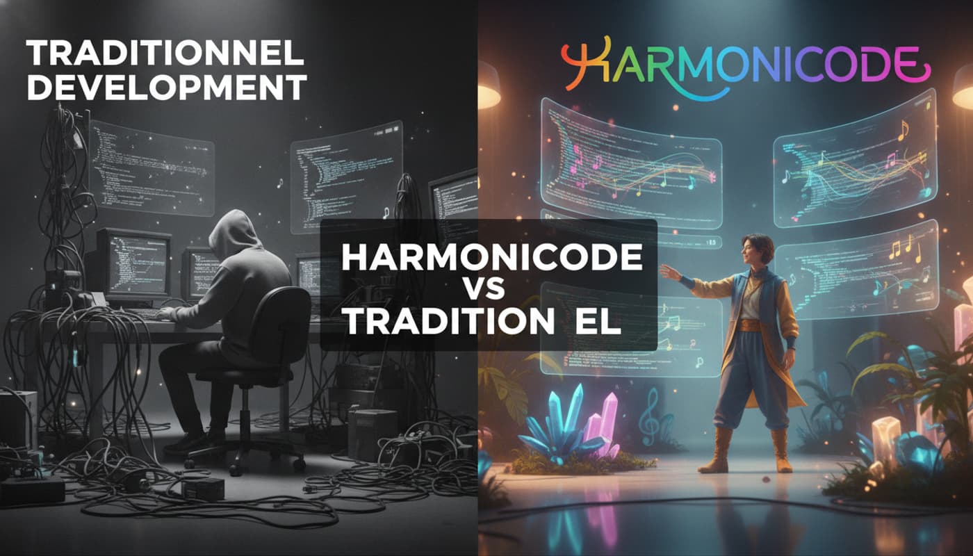 Split image comparant un environnement de développement traditionnel monochrome et désordonné à gauche, et un environnement harmonieux et coloré avec des notes de musique et du code sur des écrans holographiques à droite, avec le texte 'Harmonicode vs Traditionnel' en superposition.