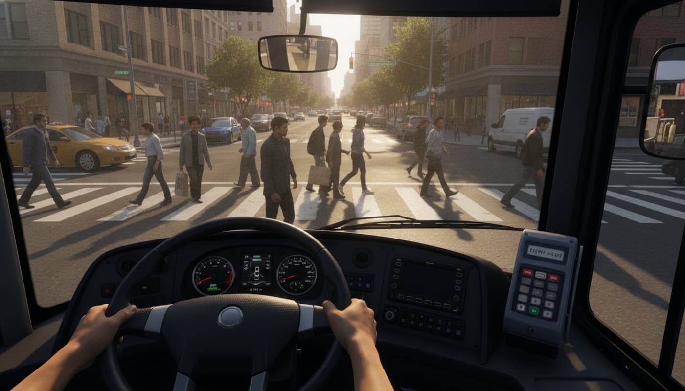 Vue à la première personne depuis le siège conducteur d'un bus urbain, avec tableau de bord détaillé et pare-brise donnant sur une intersection animée ensoleillée.