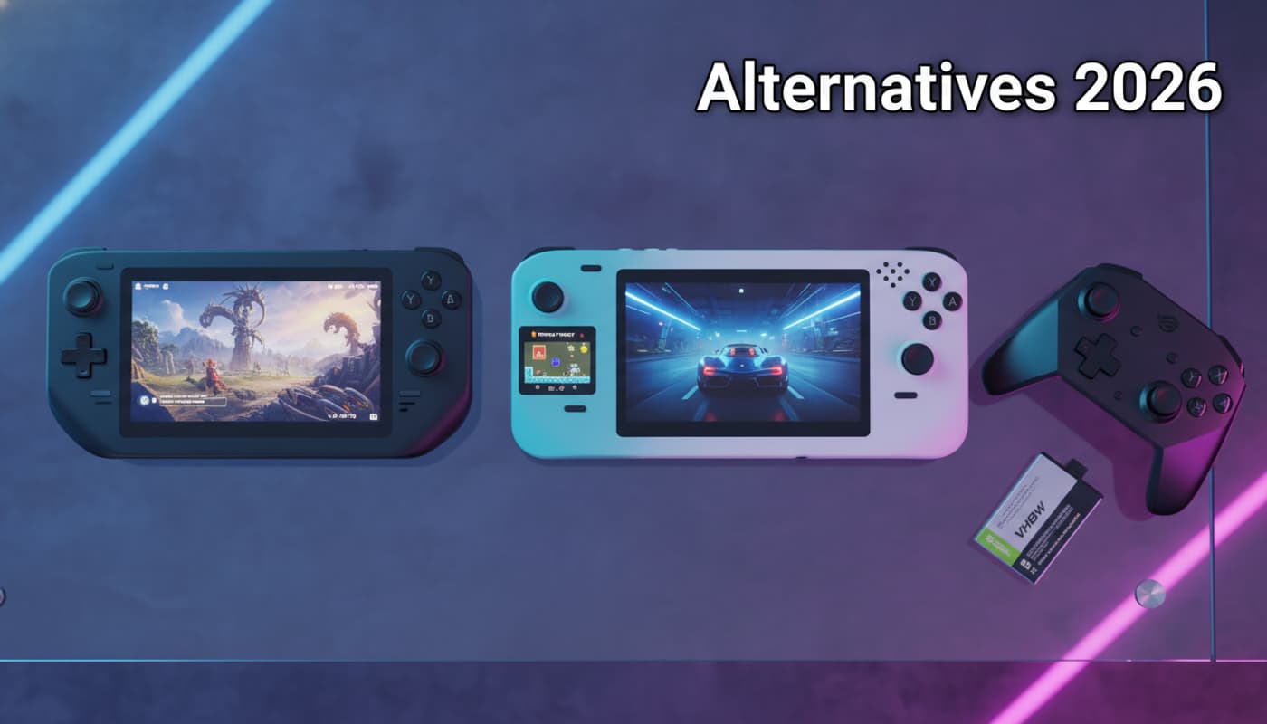 Trois consoles portables modernes, une manette et une batterie, disposés sur une surface en verre avec reflets néons, avec le texte 'Alternatives 2026' en superposition.