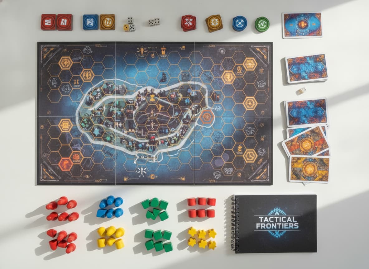 Vue de dessus du contenu d'un jeu de société tactique disposé sur une table blanche, avec plateau illustré, cartes et pions colorés.