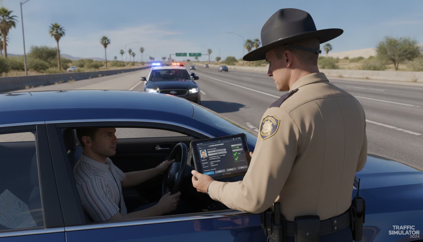 Un agent de police observe une tablette numérique lors d'un contrôle routier sur une autoroute ensoleillée, avec une voiture arrêtée sur le bas-côté.