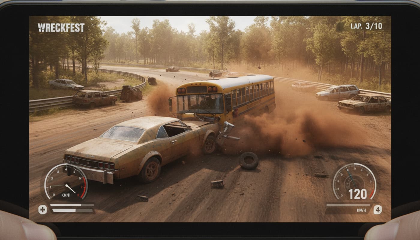 Sur une piste ovale en plein air, une muscle car couverte de poussière percute un bus scolaire dans un nuage de poussière, avec des rayons de soleil traversant les arbres, créant une ambiance de derby chaotique.