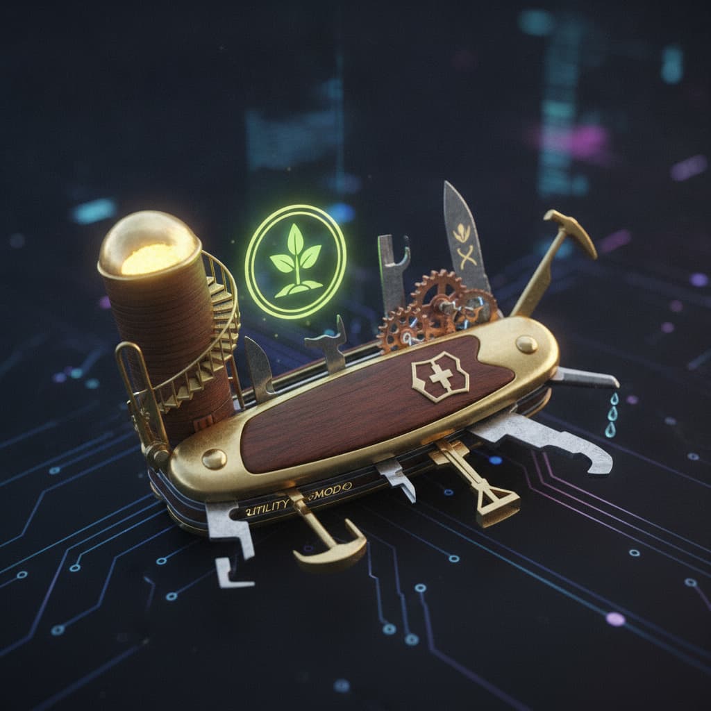 Un couteau suisse fantaisie avec des outils agricoles miniatures, dont un silo, une icône de culture et un engrenage, qui luit subtilement sur un fond technologique sombre.